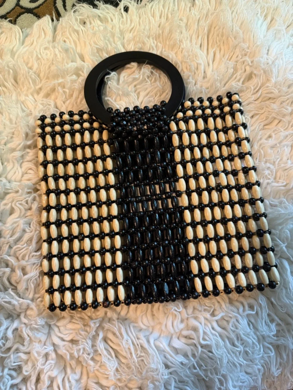 l*space Black and Cream Beaded Mini Handbag with Round Handle - Picture 1 of 4